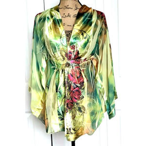 B.L.E.U. Tunic Multicolored 3/4 Open Sleeve Sheer